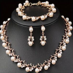 Twig Pattern Shiny Zirconia Faux Pearl Dangle Earrings & Bracelet & Necklace